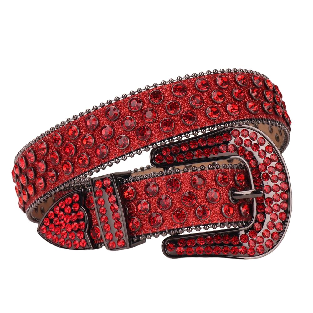 Customized Buckle Logo Red Bridal Rhinestone Belt for Women Western Cowgirl Bling Bling Diamond Studded Leather Belt for Dress