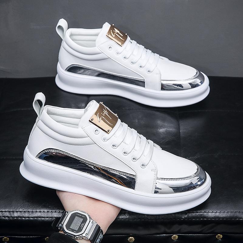 High-top Shoes Men's White Trendy Men's Shoes Autumn New Metal Color Matching Board Shoes Youth Internet Celebrity Trendy Brand Korean Fashion