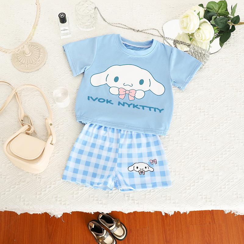 Zomer 2024 Casual Cartoon T-shirt & Geruite Korte Broek Set voor Meisjes