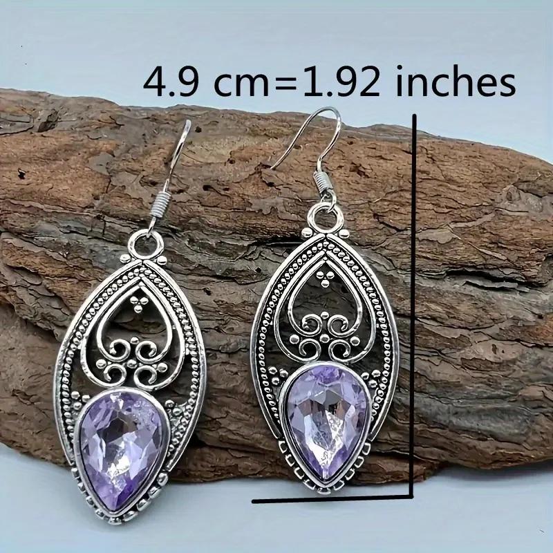 Vintage Hollowed Hand Carved Purple Synthetic Zirconia Dangle Earrings for Women Exquisite Gorgeous Banquet Jewelry Accessories