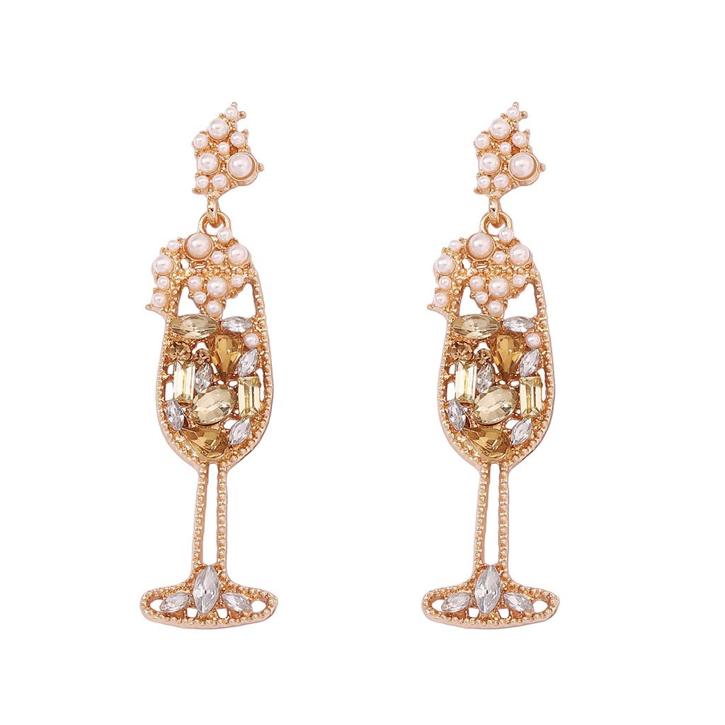 European and American retro imitation pearl inlaid rhinestone wine glass shape fashion temperament high sense earrings cross-border hot wholesale