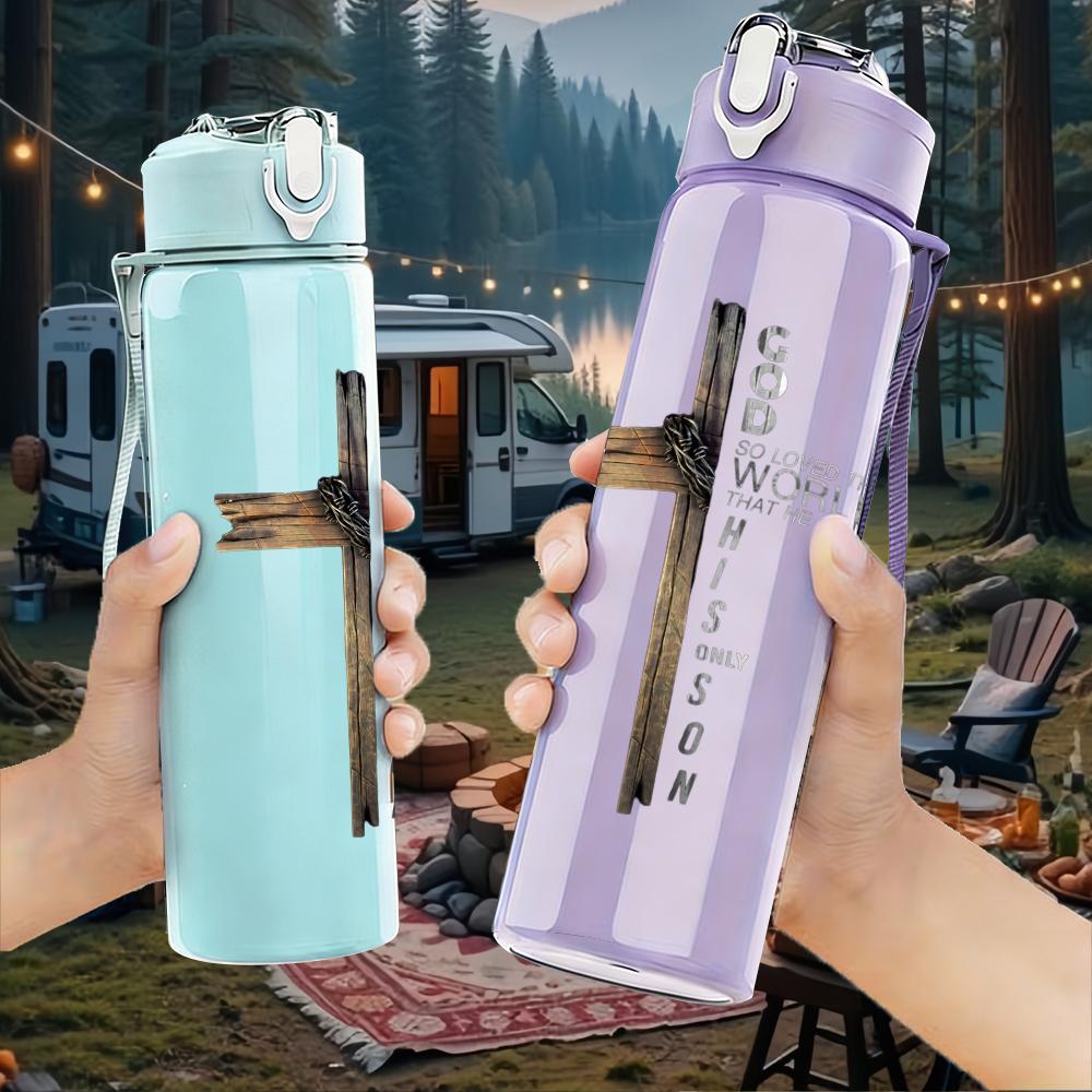 1PC Simple cross wooden line print 750ml colorful plastic sports water bottle leakproof pop up lid with straw for outdoor work home use