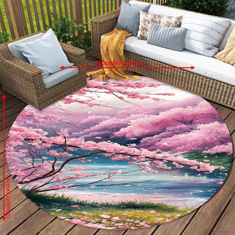 Pink Cherry Blossom Lake Scenery Round Rug Flannel Nature Landscape Floor Mat Spring Season Decor Bedroom Meditation Space Calm