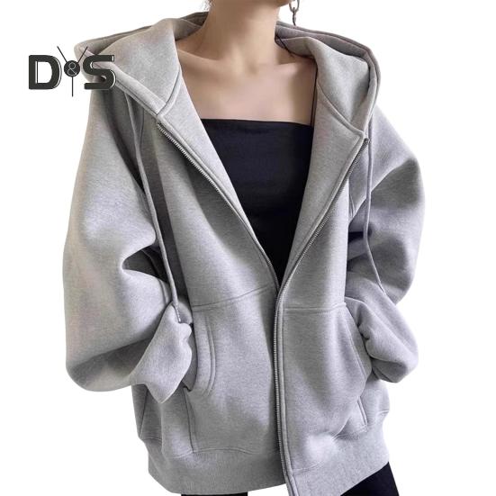 Autumn Spring Women Coat Hooded Drawstring Long Sleeves Pockets Zip-up Elastic Cuff Hem Loose Sport Hoodie Casual Daily Wear Jacket