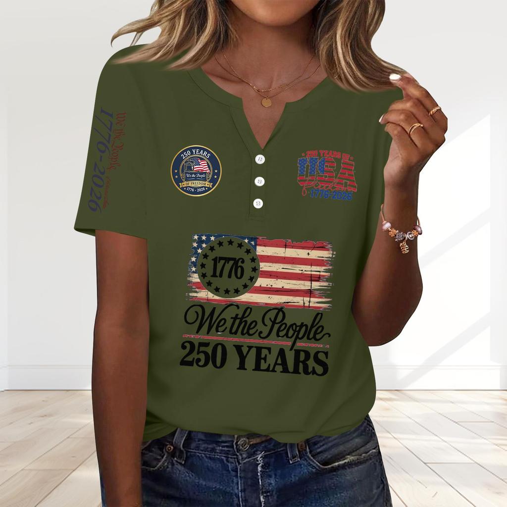 Women's Fashion Casual 250th Anniversary Independence Day Print V-Neck Short Sleeve Decorated Button-Up T-Shirt