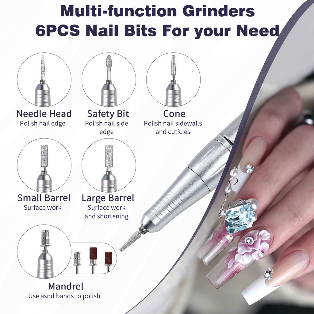 Professional Nail Drill Electric Nail File Manicure Pedicure Kit 45000RPM Portable with 6 Drill Bits for Salon and Home Use