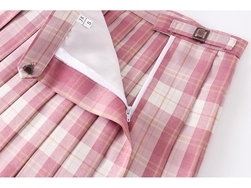 High-Waisted Japanese School Uniform Plaid Pleated Skirt - Raspberry & Black Tea