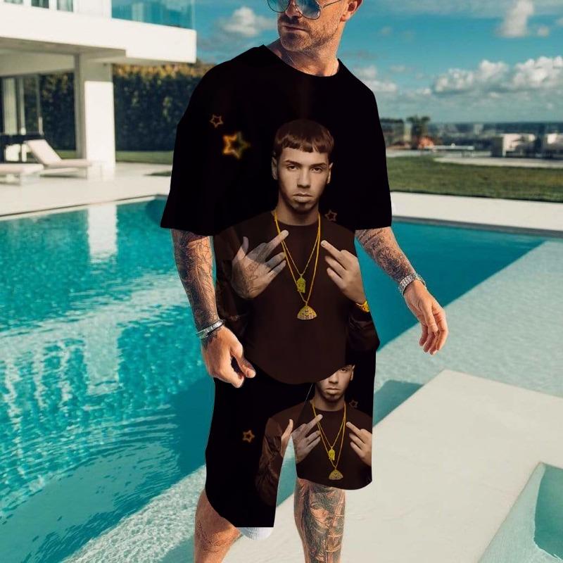 Men T-shirt Sets Rapper Anuel AA 3D Print Fashion Tracksuit T Shirts Shorts 2 Pieces Male Streetwear Oversized Suits Sportswear