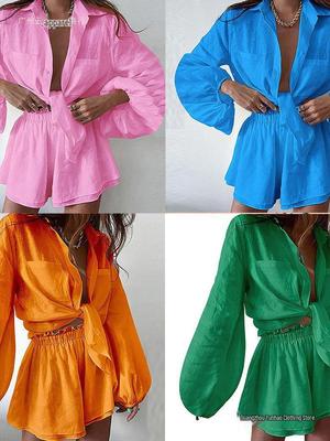 2026 Spring Women's Casual Solid Color Ruffle Shirt & Shorts Set
