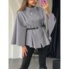 Womens Winter Elegant Wool Blend Cape Coat With Belted Waist Stand Collar