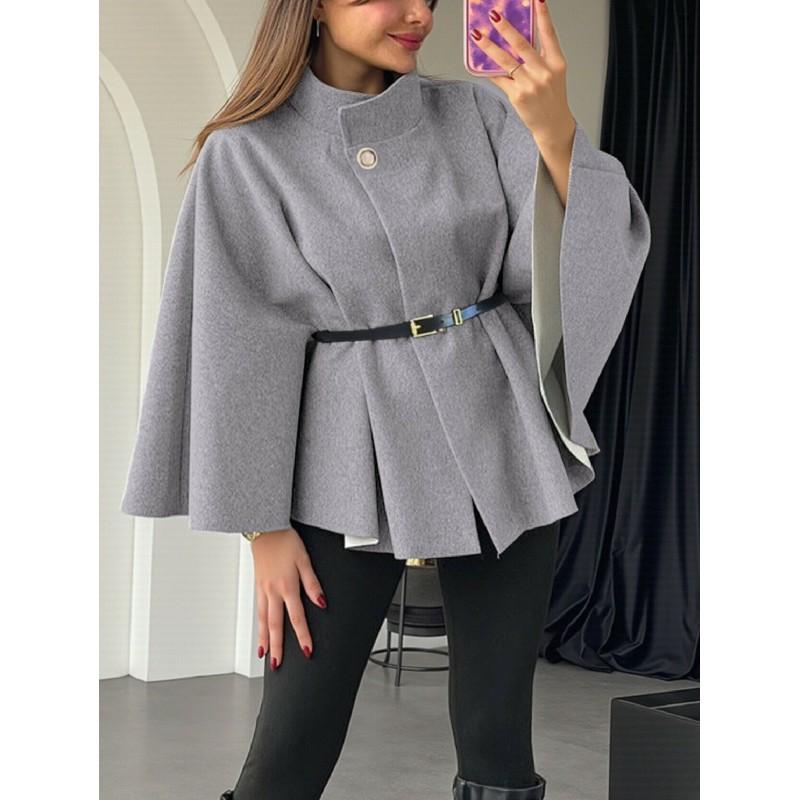 Womens Winter Elegant Wool Blend Cape Coat With Belted Waist Stand Collar