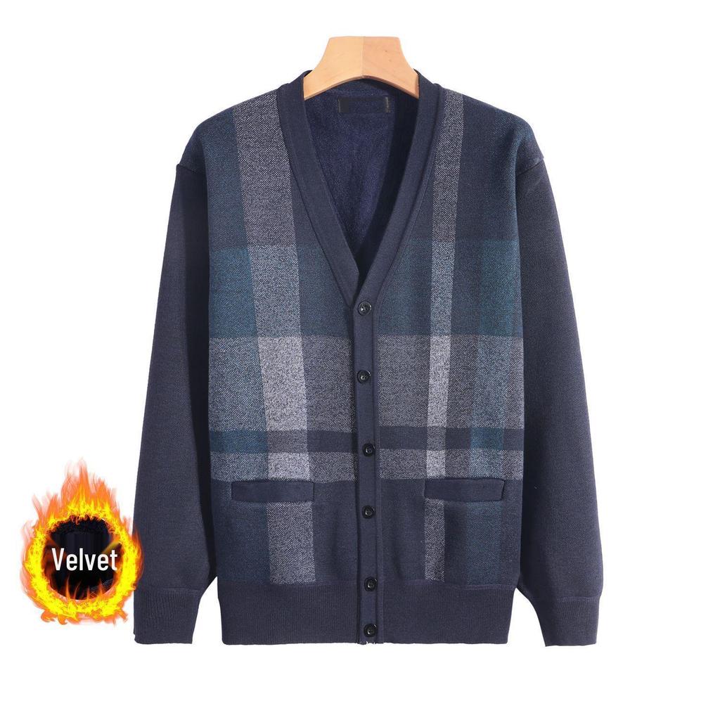 Men's V-Neck Thick Fleece Cardigan: Warm Knitwear for Dad and Grandpa