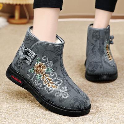 Winter Plus Warm Alte Peking Tuchschuhe Damen Vintage Rutschfest Weichsohlig Bestickte Baumwollstiefel Mamas Warme Schneestiefel