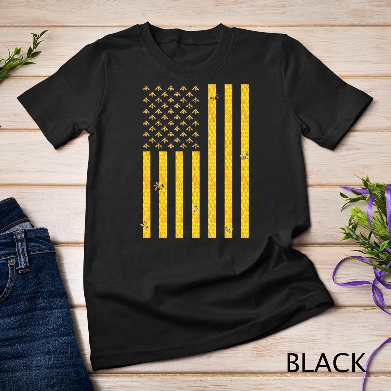 American Flag Honeycomb Honey Bee Beekeeping Beekeeper Gift Unisex T-Shirt Mens Womens Tees Top 4XL