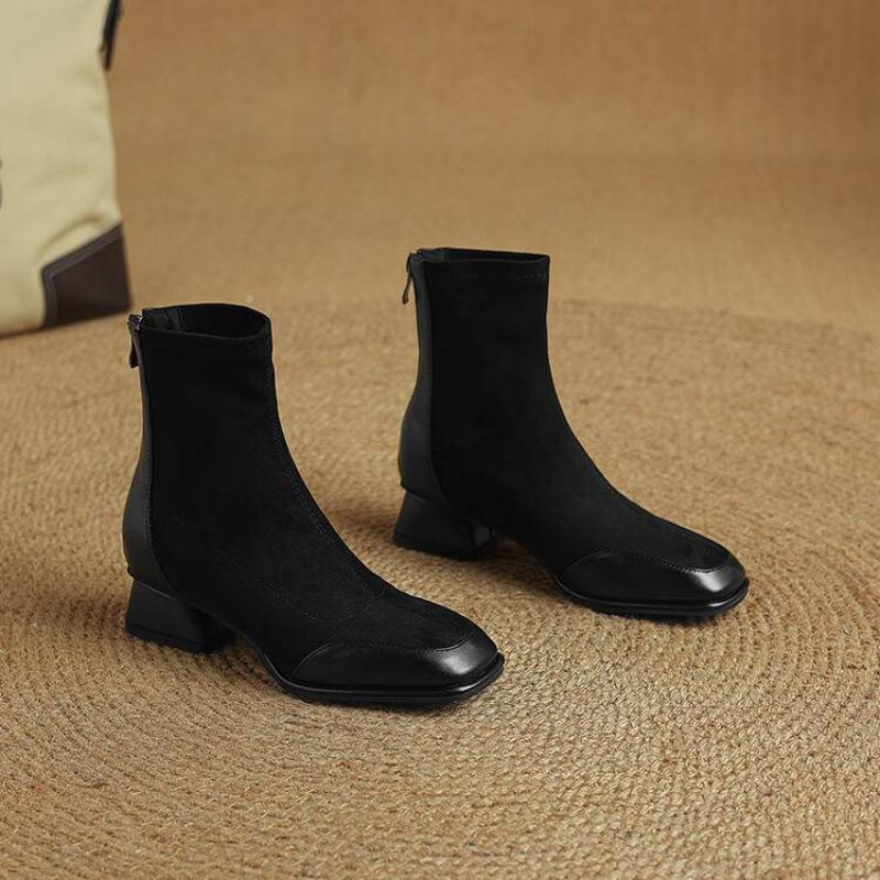 Autumn and Winter Medium Heel Large Size Martin Boots Women's Square Heel Comfortable Rear Zipper Solid Color Korean Version of the New Rubber S