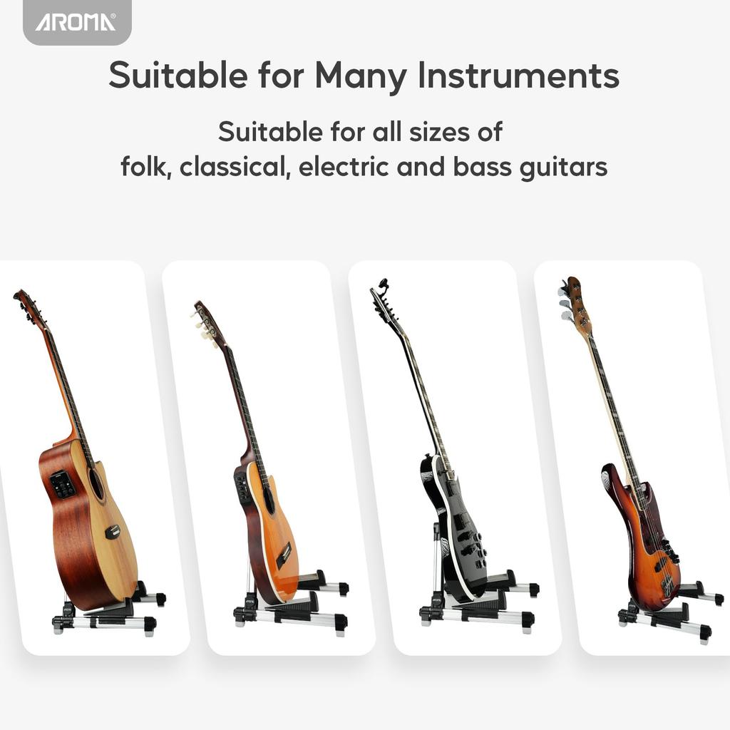 Aroma Folding Guitar Stand with Adjustable Tray and Backrest, Lightweight and Portable Design, Compatible with Guitars and Basses, Floor Stand