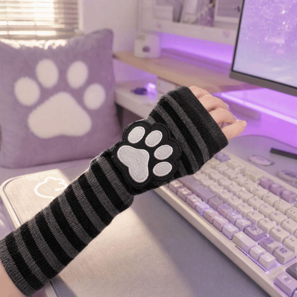 Black Arm Cover Striped Pattern Sleeves Gloves Cute Cat Claw Fingerless Gloves  for Women