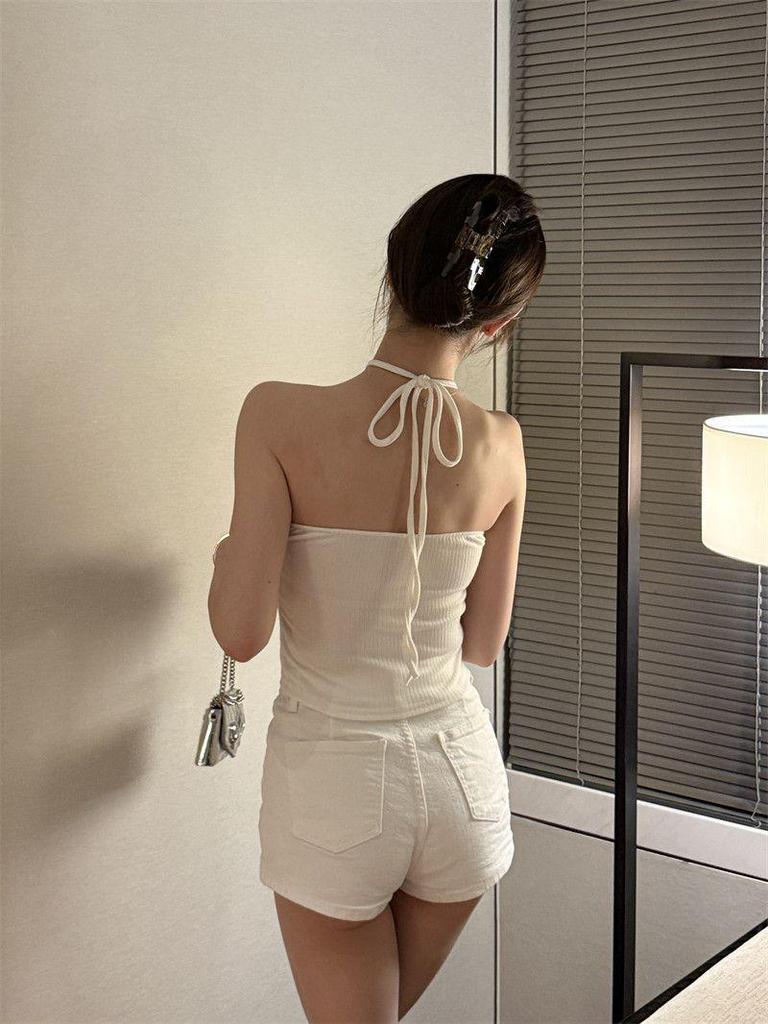 Celebrity Lace Halter Camisole: Women's One-Shoulder Bandeau Top with Padded Bra for Spring/Summer.