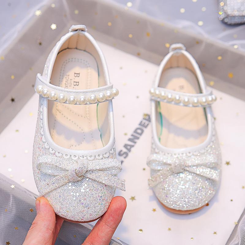 Girls Pearls Princess Shoes 2024 Spring New Children's Fashionable Rhinestones Kids Leather Shoes Crystal Shoes Flats Shiny Chic