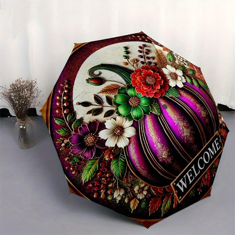 Autumn Welcome Sign with Purple Pumpkin and Flowers - Fall Decorative Plaque for Home or Garden Umbrella, Christmas Gift Y98