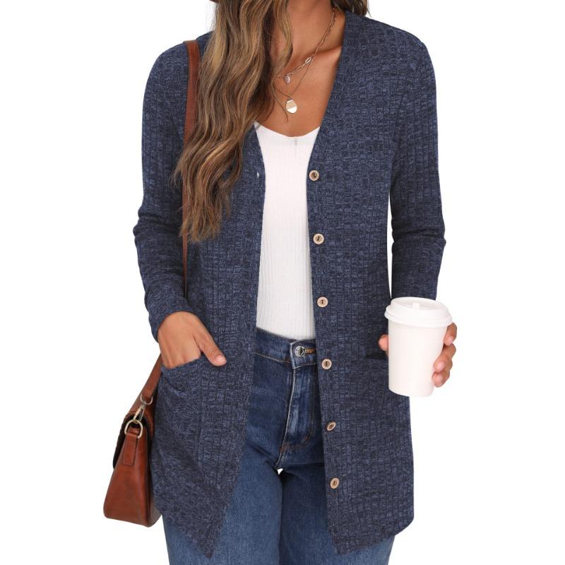 Autumn and Winter Solid Color Loose Long Sleeve Pocket Cardigan Jacket Women's New Style