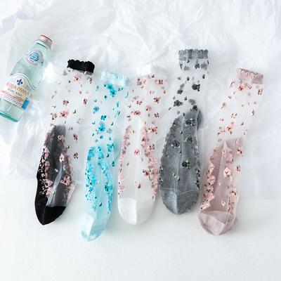 5Pairs Women Flower Sock Summer Lace Crystal Glass Silk Socks Short Thin Transparent Roses Jacquard Elastic Ultra Thin Socks