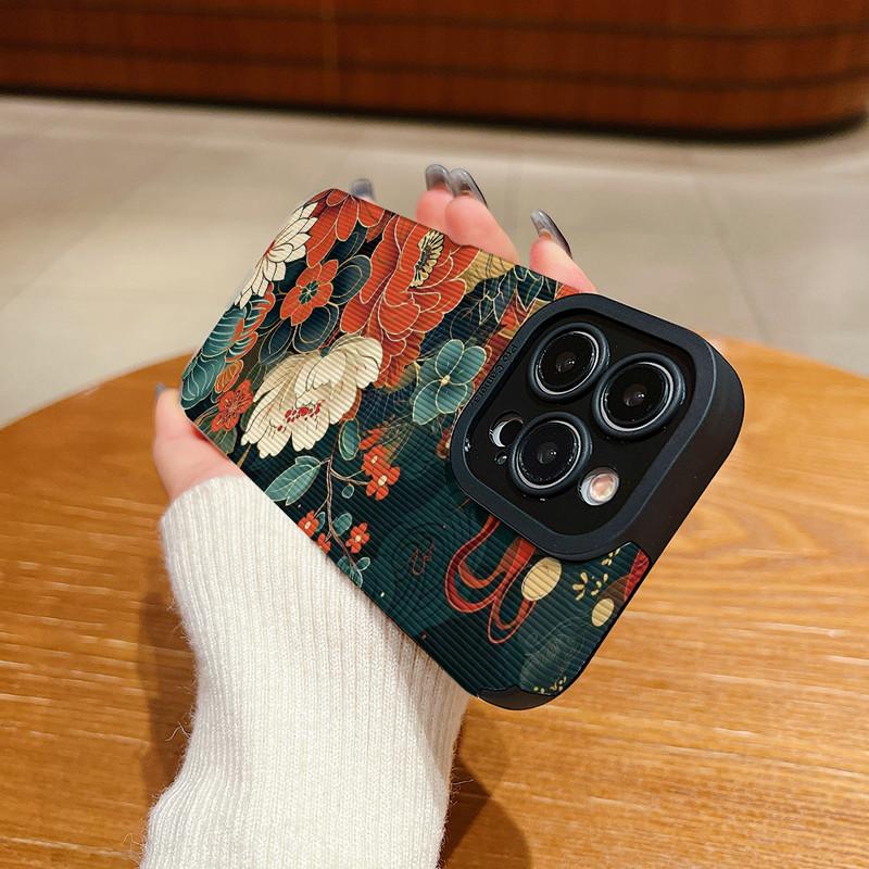 Funda Trasera de Cuero con Grano Vertical y Estampado Floral de Silicona Suave con Protección Completa para la Lente de la Cámara para Samsung