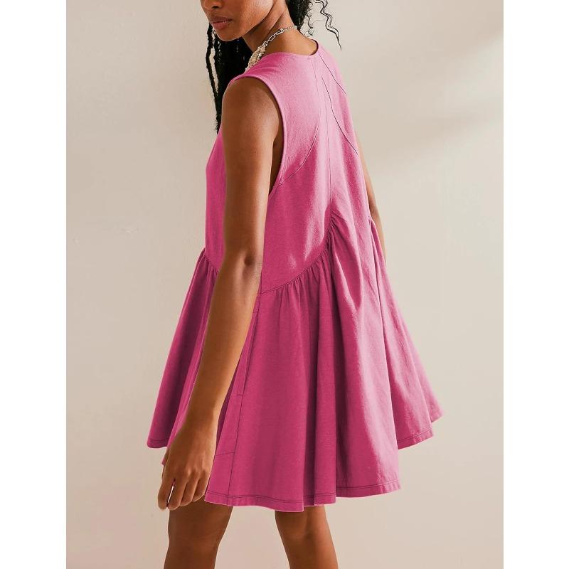 Moda de mujer Verano Primavera Color sólido Estampado Sin mangas Con cuello en V Cintura suelta Vestidos casuales