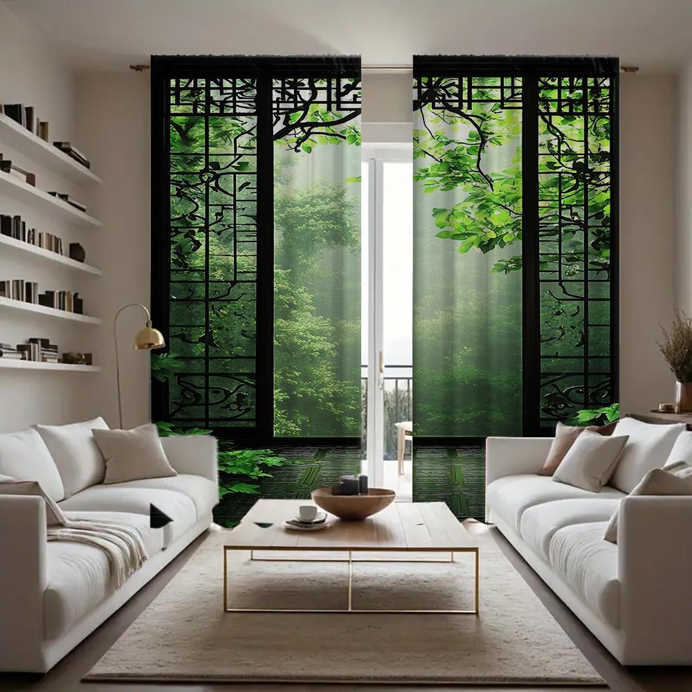 2PC Home Window bamboo forest Curtains With Landscape Background And Pole Pocket Curtains, Kitchen, Coffee Shop, Living Room, Ba