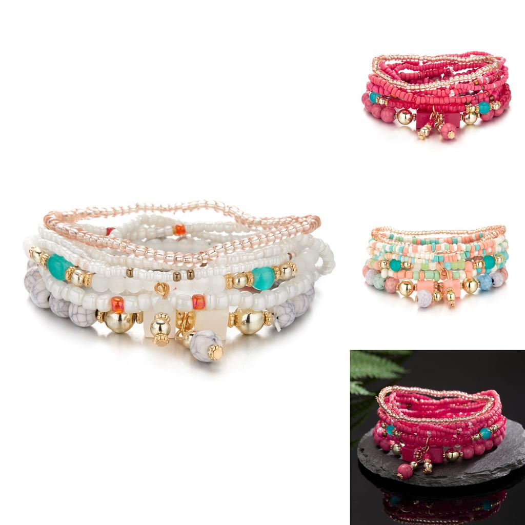 Bohemian Beaded Bracelet Set With Turquoise Elastic Cord For Gift Giving And Travel Souvenirs