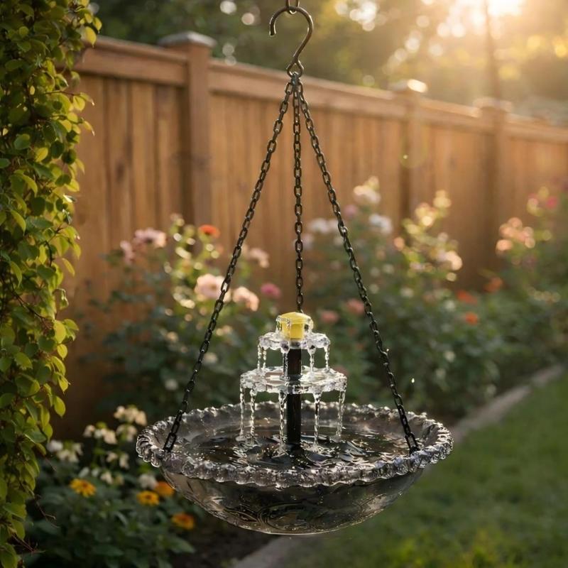 

Solar Cascade Hanging Bird Bath Fountain, Outdoor Hanging Bird Bath With Solar Fountain, Large Humming Bird Baths Are Suitable