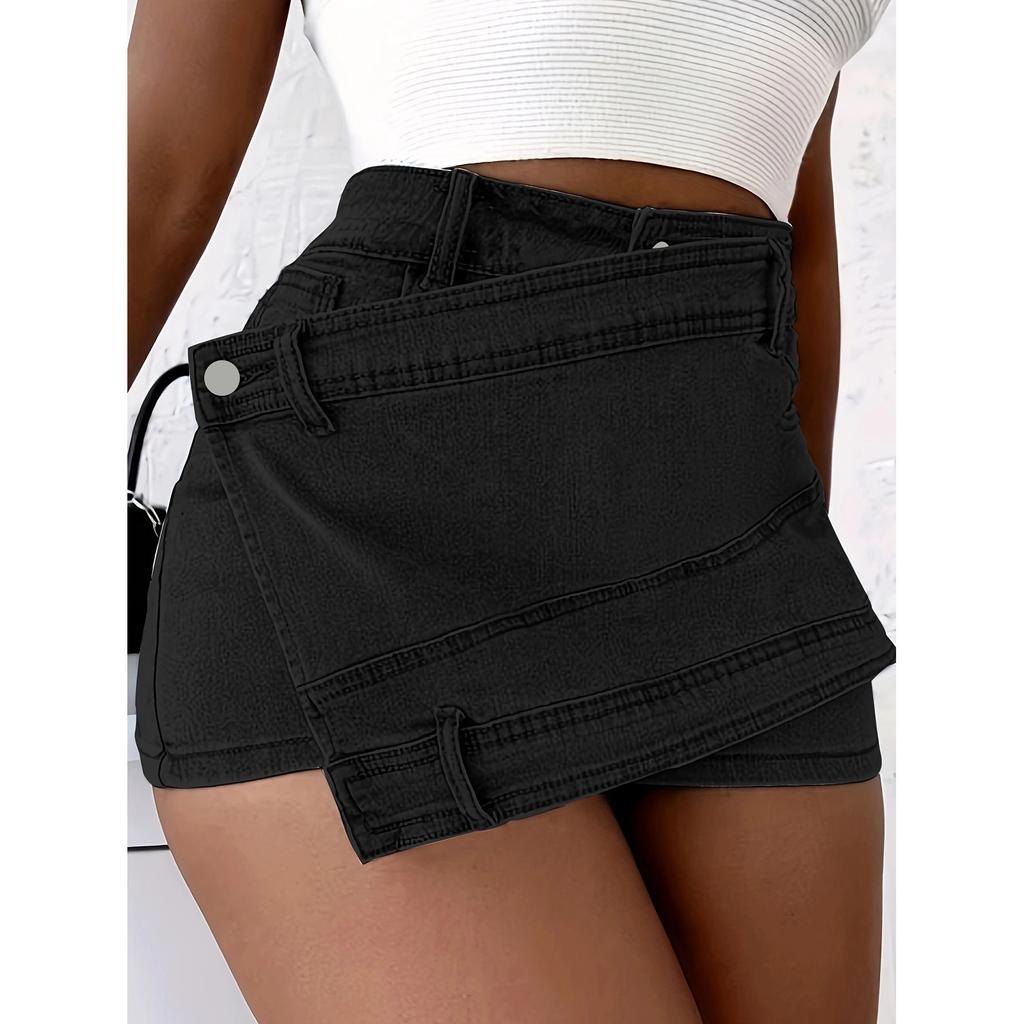 Women's High Waist Asymmetrical Overlap Denim Mini Skirt Light Blue
