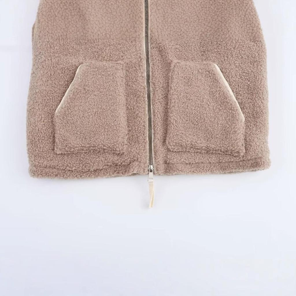 Women's 2024 Winter Camel Lambswool High Neck Zip Jacket with Side Stripe