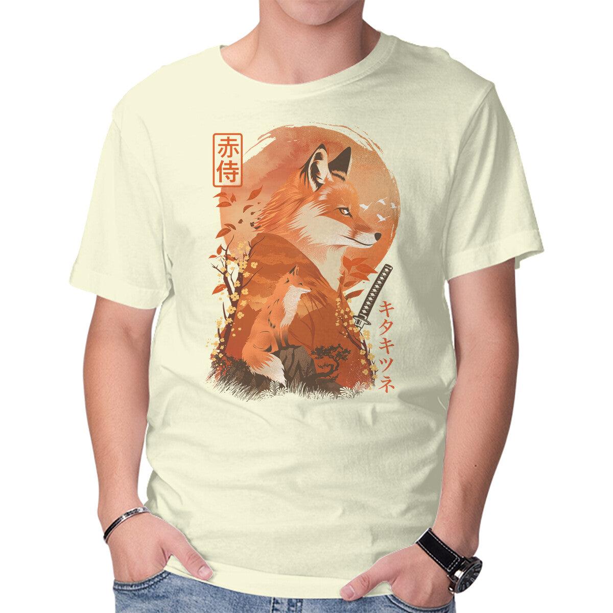 Unisex Crew Neck T-Shirt Red Fox Samurai Graphic Short Sleeve Casual Tee L