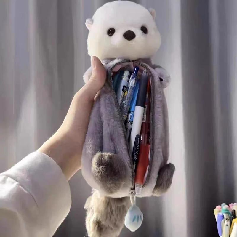 Plush Animal Pencil Case Zipper Sea Otter Pencil Pouch Pencil Pen Bag for Girls and Boys School Supplies светло-серый