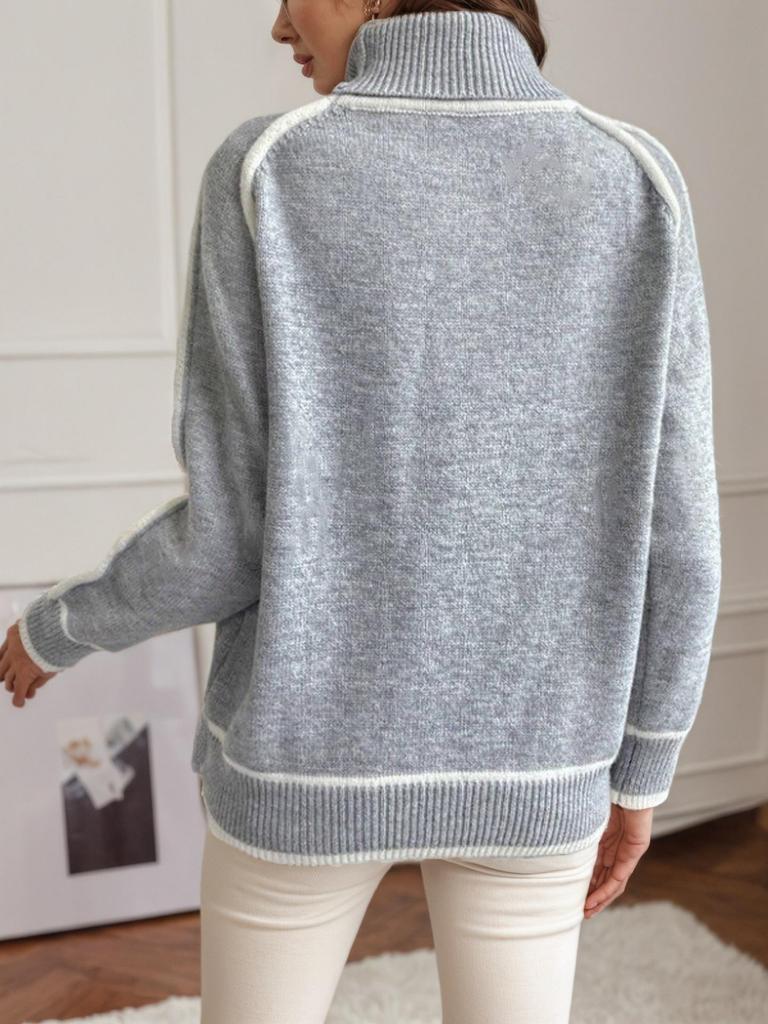 Autumn Winter Women's High Neck Color Block Raglan Sleeve Loose Sweater