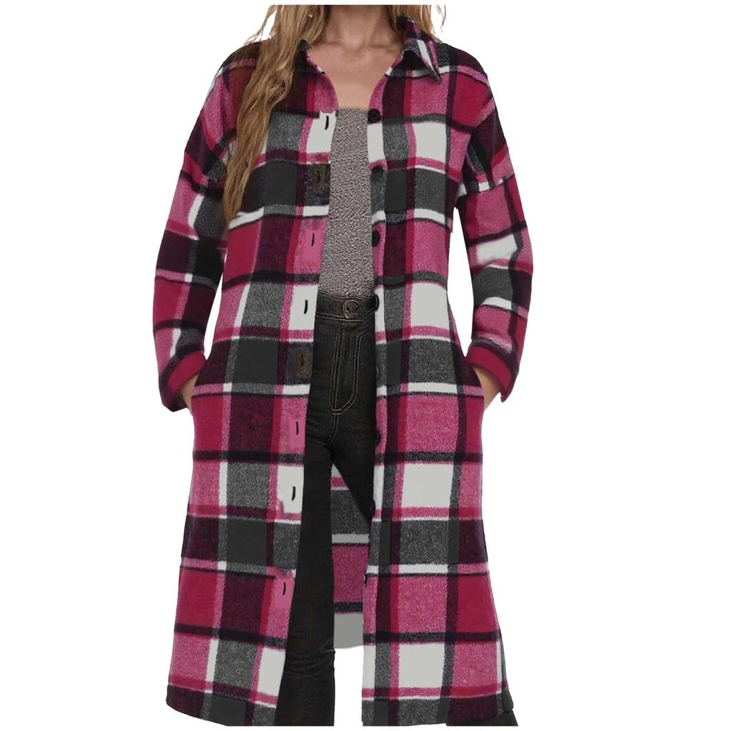 Women's Casual Plaid Long Sleeve Cardigan Mid-Length Lapel Collar Shirt Jacket