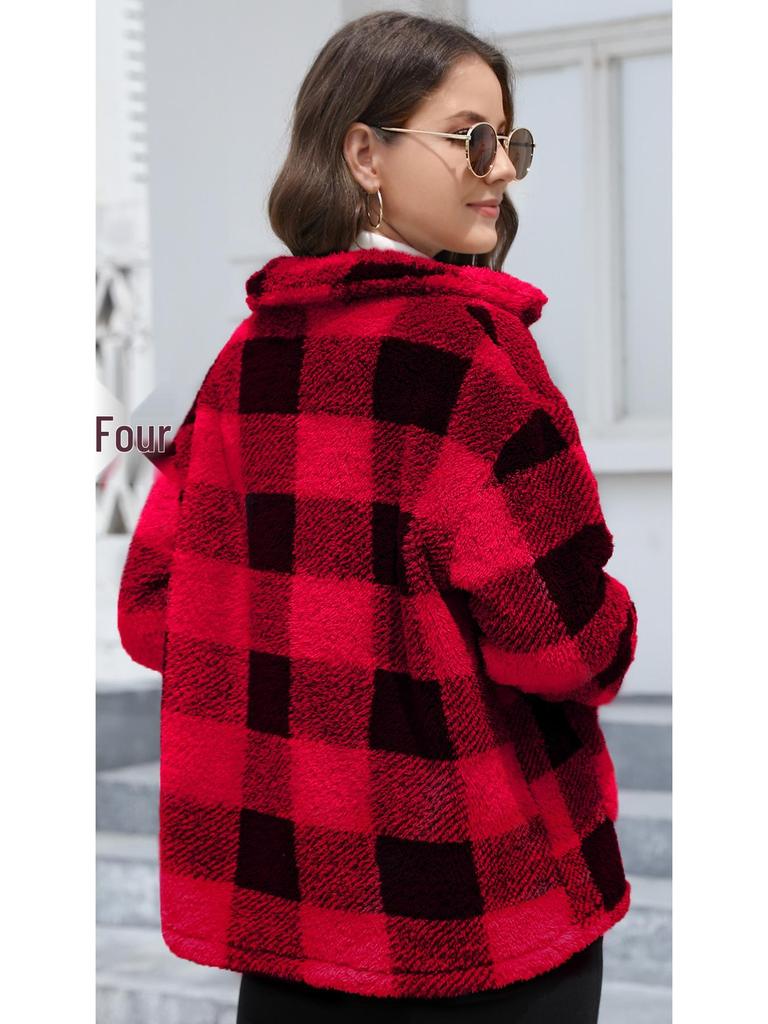 Karierter Plüschmantel mit langen Ärmeln und aufgesetzten Taschen - Europäische & Amerikanische Wintermode