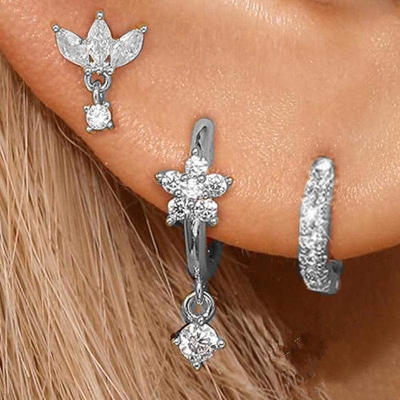 3 STÜCKE Edelstahl Goldfarben Kreis Creolen Set für Damen Einfache Zirkon Blume Ohrstecker Knorpelpiercing Schmuck