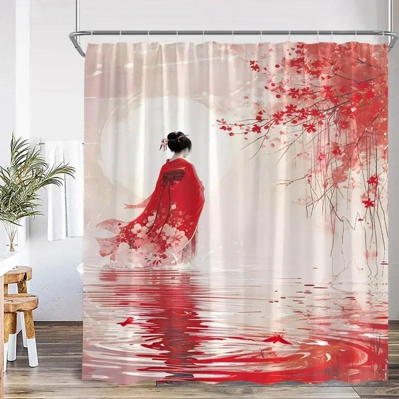 Ink Painting Shower Curtain Chinese Asian Style Cherry Blossom Japanese Woman Classical Bathroom Decor Polyester Bath Curtain