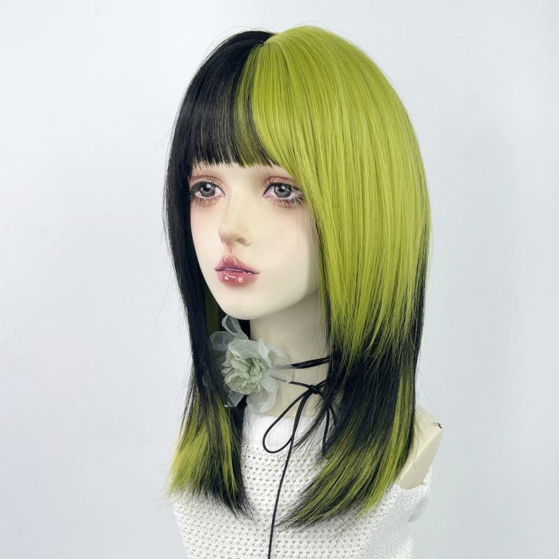 Schwarz grün fluoreszierend grün Burst Top gefärbte Schlüsselbeinlänge Perücke