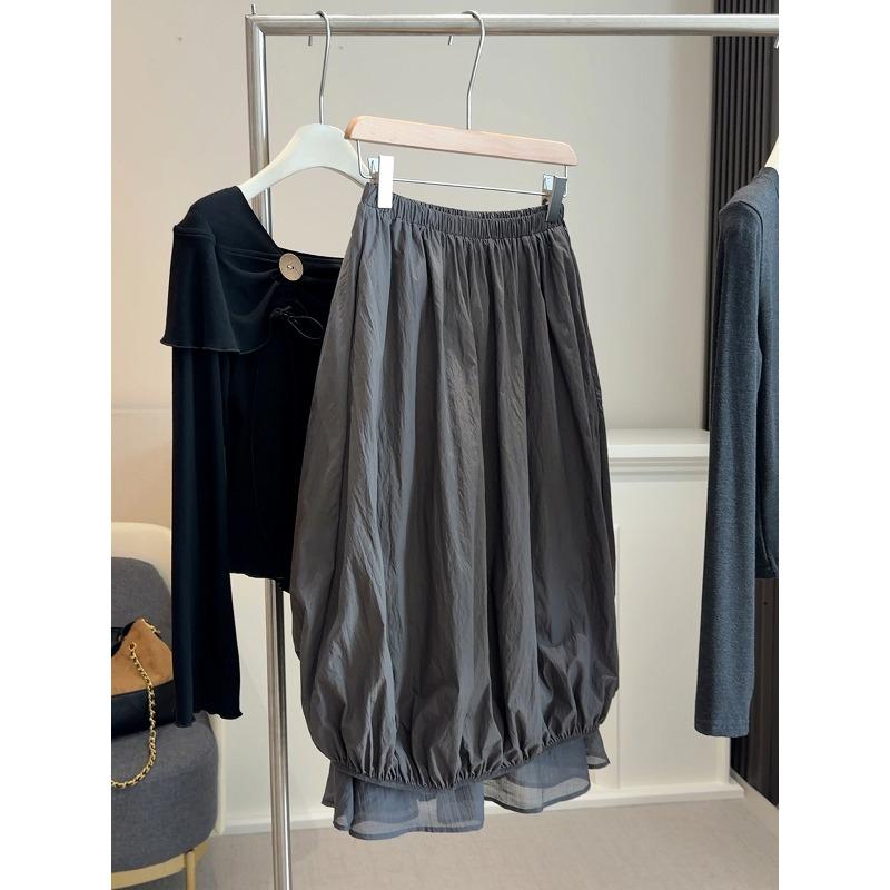 

Korean design sense splicing layered bud skirt women s spring new high waist thin fluffy jellyfish skirt M темно-серого