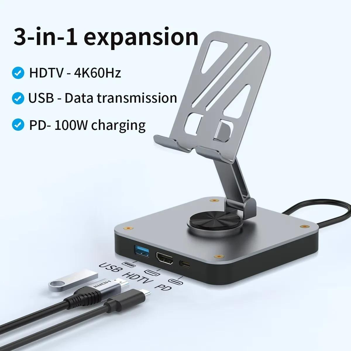 

Type C Docking Station Tablet/Phone Folding Stand with 4K 60HZ HDMI PD 100W USB 2.0 Ports for iPad Pro/Air iPhone 15 Switch Mac