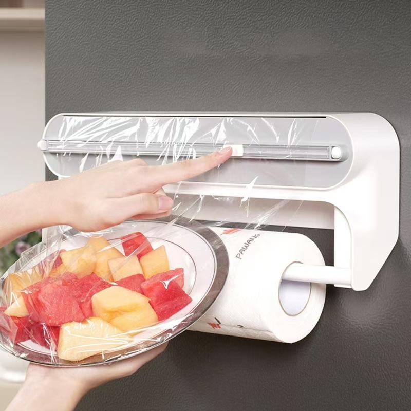 Combined ABS Kitchen Wrap Cutter and Paper Towel Holder with Concealed Sliding Blade and Magnetic Refrigerator Mount