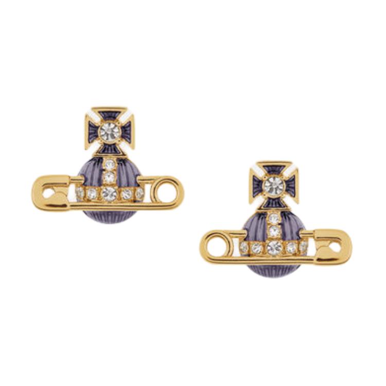 Vivienne Westwood Kitty AW24 Saturn Brooch Style Court Relief Decoration Earrings Unisex Earrings Gold Purple 6201033P-02R768 Basic Packaging-Dust Bag+Box