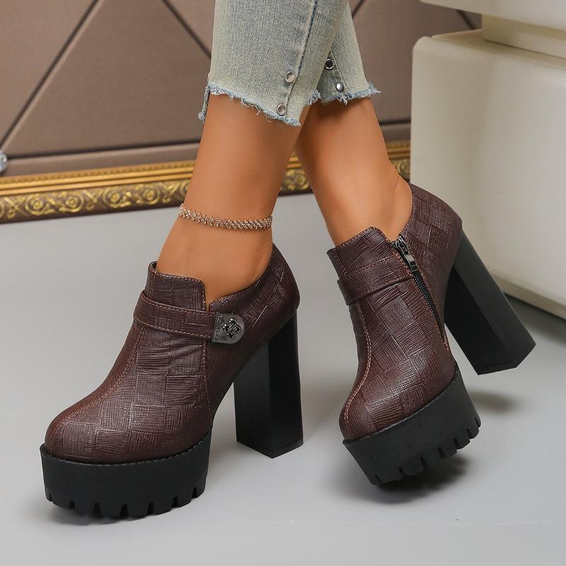 Fashion Winter New Coarse Heel Shoes Women's Fashion Round Head Thick Sole Side Zipper Anti-slip Wear-resistant High Heels