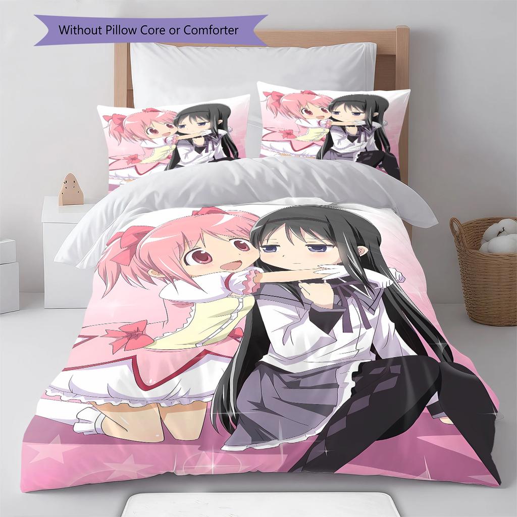 Puella Magi Madoka Magica Vzorované povlečení, Sada přikrývek Povlak na přikrývku Povlak na polštář Domácí dárek k narozeninám (1 * povlak na peřinu + 2 * povlak na polštář, bez jádra)