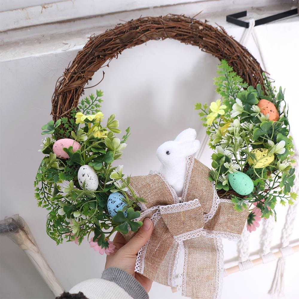 Odolný umělý věnec z vajíčka se zajíčkem Roztomilé ozdoby na zavěšení na dveře Jarní dekorace na věnec se zajíčkem
