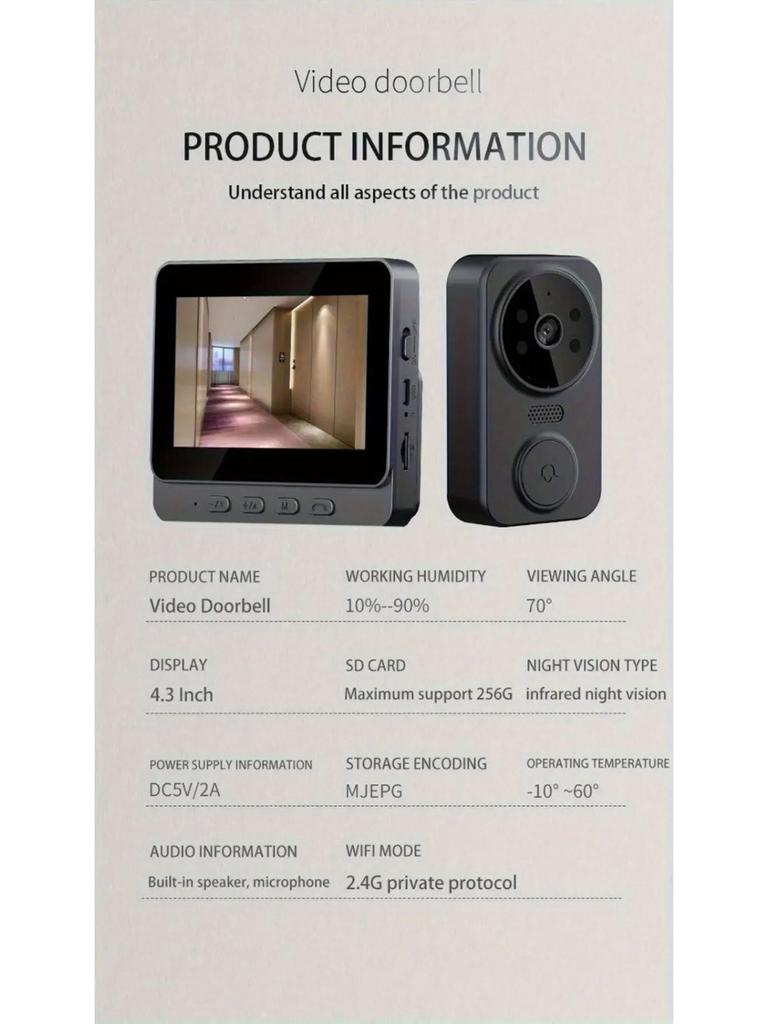 4.3-Inch Smart Wireless Video Doorbell with Two-Way Talk and Peephole Camera