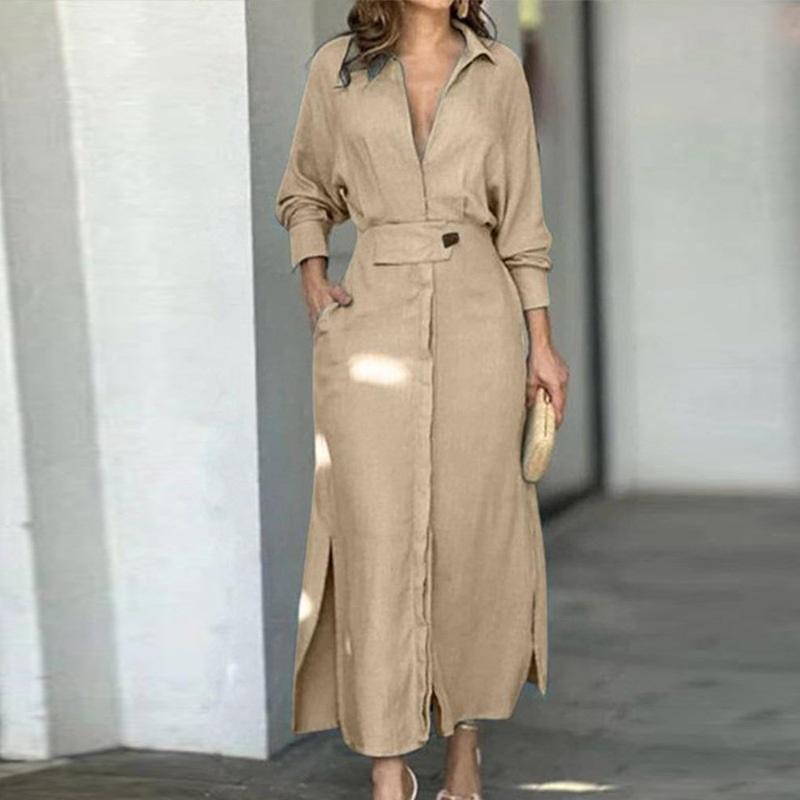 

Женское платье-рубашка с лацканами и поясом Свободный крой Льняная смесь Макси-платье с разрезом L абрикосовый